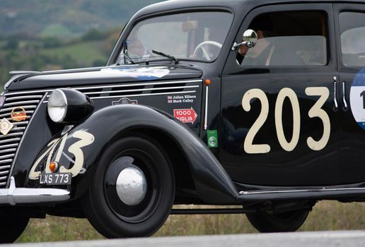 CAGLI , ITALY - OTT 24 - 2020 : FIAT 1099 MUSONE 1947 on an old racing car in rally Mille Miglia 2020 the famous italian historical race (1927-1957)