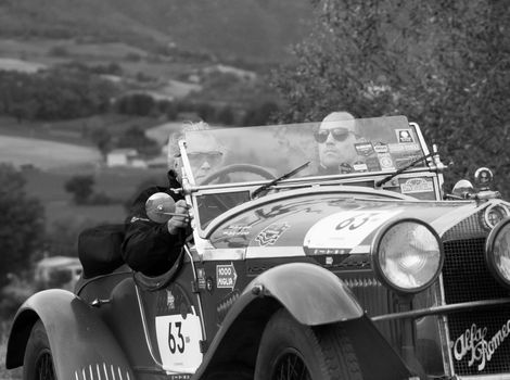 CAGLI , ITALY - OTT 24 - 2020 : J ALFA ROMEO 6C 1750 GS ZAGATO on an old racing car in rally Mille Miglia 2020 the famous italian historical race (1927-1957)