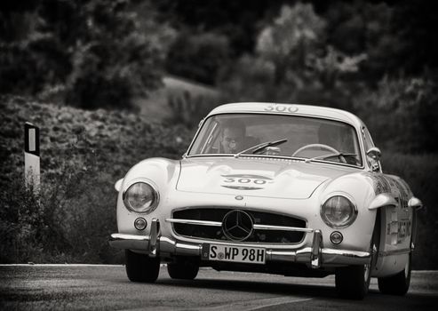 CAGLI , ITALY - OTT 24 - 2020 : MERCEDES 300 SL on an old racing car in rally Mille Miglia 2020 the famous italian historical race (1927-1957)