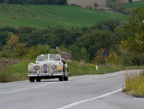 CAGLI , ITALY - OTT 24 - 2020 : JAGUAR XK 140 OTS SE 1954 on an old racing car in rally Mille Miglia 2020 the famous italian historical race (1927-1957