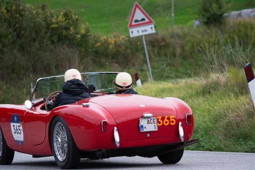 CAGLI , ITALY - OTT 24 - 2020 : AC ACE 1956 on an old racing car in rally Mille Miglia 2020 the famous italian historical race (1927-1957