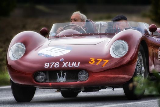 CAGLI , ITALY - OTT 24 - 2020 : MASERATI190 SL on an old racing car in rally Mille Miglia 2020 the famous italian historical race (1927-1957)