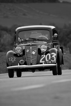 CAGLI , ITALY - OTT 24 - 2020 : FIAT 1099 MUSONE 1947 on an old racing car in rally Mille Miglia 2020 the famous italian historical race (1927-1957)