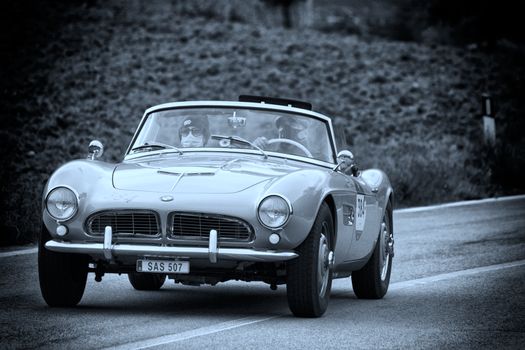 CAGLI , ITALY - OTT 24 - 2020 : BMW 507 1957 on an old racing car in rally Mille Miglia 2020 the famous italian historical race (1927-1957)