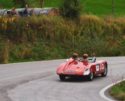 CAGLI , ITALY - OTT 24 - 2020 : OSCA S187/750 1956 on an old racing car in rally Mille Miglia 2020 the famous italian historical race (1927-1957