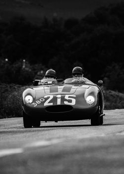 CAGLI , ITALY - OTT 24 - 2020 : OSCA S187/750 1956 on an old racing car in rally Mille Miglia 2020 the famous italian historical race (1927-1957