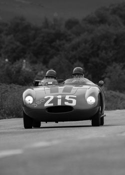 CAGLI , ITALY - OTT 24 - 2020 : OSCA S187/750 1956 on an old racing car in rally Mille Miglia 2020 the famous italian historical race (1927-1957