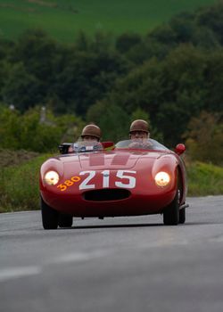 CAGLI , ITALY - OTT 24 - 2020 : OSCA S187/750 1956 on an old racing car in rally Mille Miglia 2020 the famous italian historical race (1927-1957