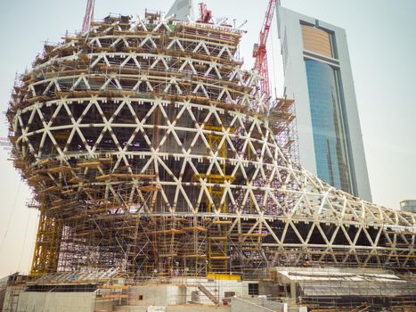 Construction process of skyscraper buildings in Dubai, UAE.