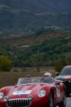 CAGLI , ITALY - OTT 24 - 2020 : OSCA mt 4 1500 2ad on an old racing car in rally Mille Miglia 2020 the famous italian historical race (1927-1957