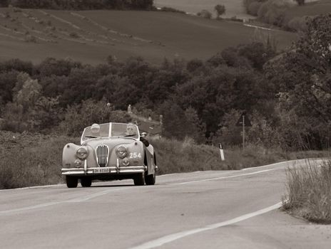 CAGLI , ITALY - OTT 24 - 2020 : JAGUAR XK 140 OTS SE 1954 on an old racing car in rally Mille Miglia 2020 the famous italian historical race (1927-1957