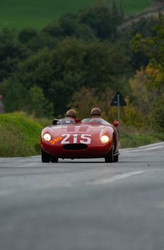 CAGLI , ITALY - OTT 24 - 2020 : OSCA S187/750 1956 on an old racing car in rally Mille Miglia 2020 the famous italian historical race (1927-1957