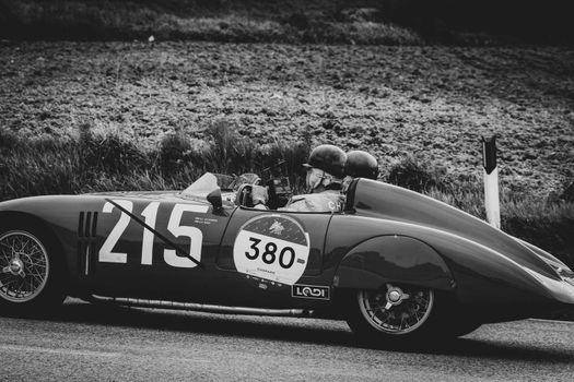 CAGLI , ITALY - OTT 24 - 2020 : OSCA S187/750 1956 on an old racing car in rally Mille Miglia 2020 the famous italian historical race (1927-1957