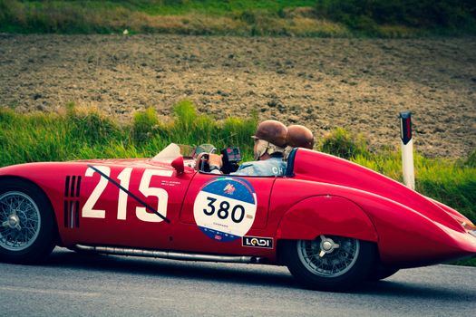 CAGLI , ITALY - OTT 24 - 2020 : OSCA S187/750 1956 on an old racing car in rally Mille Miglia 2020 the famous italian historical race (1927-1957