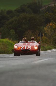 CAGLI , ITALY - OTT 24 - 2020 : OSCA S187/750 1956 on an old racing car in rally Mille Miglia 2020 the famous italian historical race (1927-1957