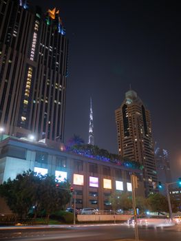 Night view of Dubai Downtown with skyscrapers