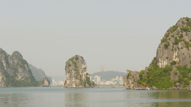 Landscape of the city of Ha Long Bay to the mountains. Shot in 4K - 3840x2160, 30fps