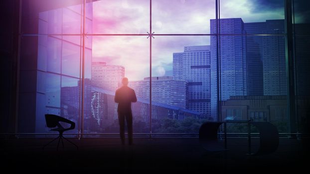 Silhouette of a businessman looking out of the window of a dark office against the backdrop of city buildings. 3D render.