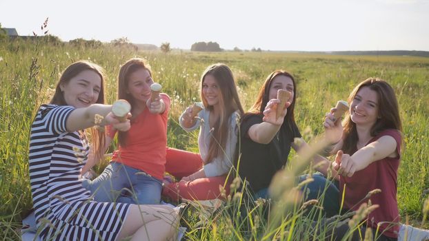 Five young schoolgirls eat ice cream on a meadow on a warm summer day