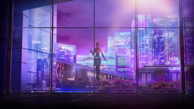 Science fiction about how a robot hovers above the floor in an office overlooking city night lights. 3D render.
