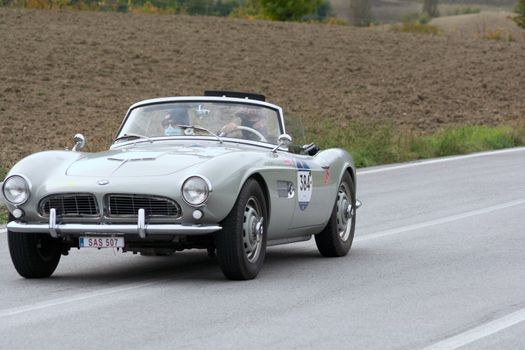 CAGLI , ITALY - OTT 24 - 2020 : BMW 507 1957 on an old racing car in rally Mille Miglia 2020 the famous italian historical race (1927-1957)