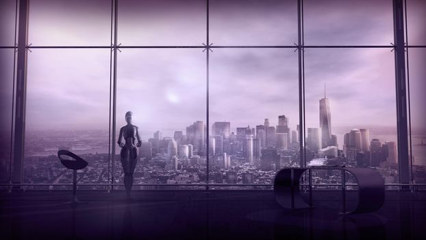 Sci-fi scene with android standing in front of an office window overlooking the cityscape. 3D render.