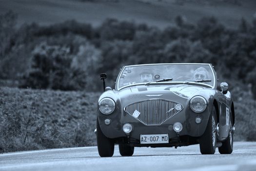 CAGLI , ITALY - OTT 24 - 2020 : AUSTIN HEALEY 100/4 BN2 1956 on an old racing car in rally Mille Miglia 2020 the famous italian historical race (1927-1957)