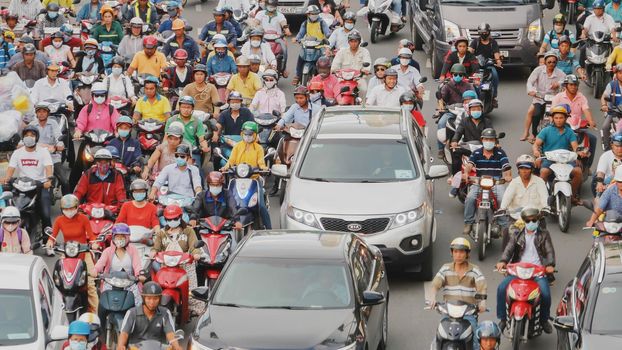 Peak hour. Dense traffic in Ho Chi Minh City. Vietnam.