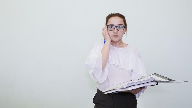 A schoolgirl in glasses depicts a successful girl with notes. A student depicts a reverie. The solution of the problem