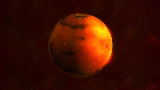 Realistic Mars from space showing Elysium Mons and Olympus Mons. The planet is half illuminated by the sun.