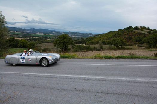 CAGLI , ITALY - OTT 24 - 2020 : CISITALIA 202 SMM SPIDER NUVOLARI 1947 on an old racing car in rally Mille Miglia 2020 the famous italian historical race (1927-1957)