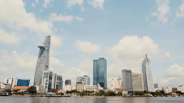 Skyscrapers business center in Ho Chi Minh City on Vietnam Saigon on background blue sky