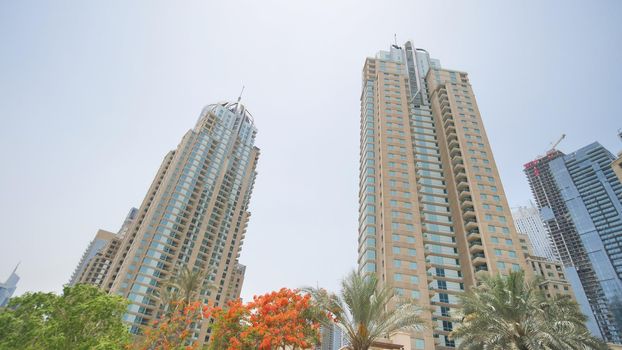 Driving through the streets of Dubai. View from the car window.