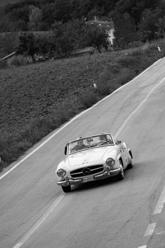 CAGLI , ITALY - OTT 24 - 2020 : MERCEDES-BENZ 190 SL 1956 on an old racing car in rally Mille Miglia 2020 the famous italian historical race (1927-1957