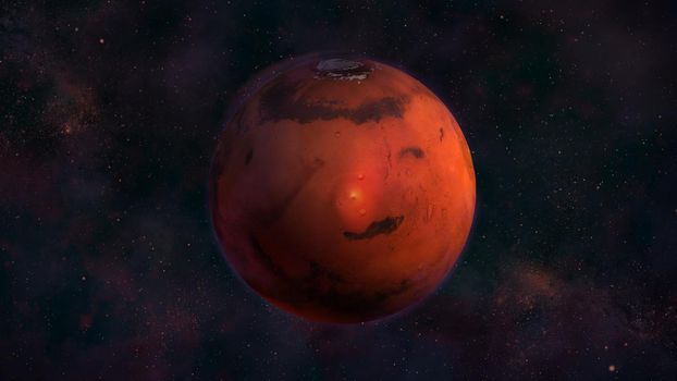 Realistic Mars from space showing Elysium Mons. Red planet in the starry sky.