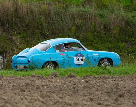 CAGLI , ITALY - OTT 24 - 2020 : ABARTH FIAT 750 BERLINETTA ZAGATO 1957 on an old racing car in rally Mille Miglia 2020 the famous italian historical race (1927-1957)CAGLI , ITALY - OTT 24 - 2020 : ABARTH FIAT 750 BERLINETTA ZAGATO 1957 on an old racing car in rally Mille Miglia 2020 the famous italian historical race (1927-1957)