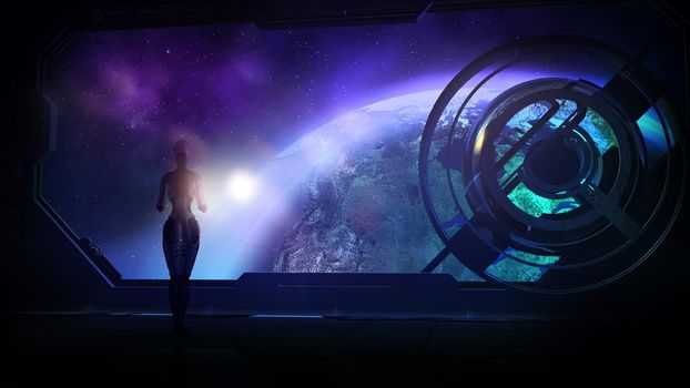 A robot looks at the planet while standing in the cockpit of its spaceship. 3D render.