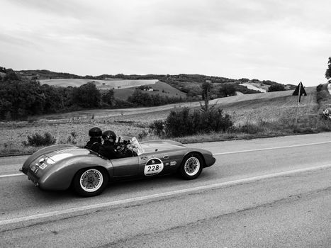 CAGLI , ITALY - OTT 24 - 2020 : KIEFT TURNER 1953 on an old racing car in rally Mille Miglia 2020 the famous italian historical race (1927-1957)