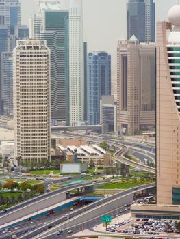 Panorama of tall Skyscrapers in skyline of Dubai