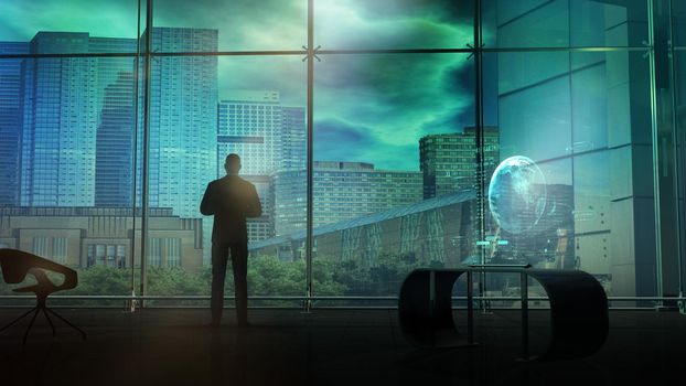 Silhouette of a businessman standing in front of a window in a futuristic office. 3D render.