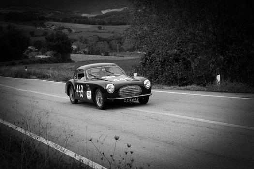 CAGLI , ITALY - OTT 24 - 2020 : CISITALIA 202 SC BERLINETTA PININ FARINA 1948 on an old racing car in rally Mille Miglia 2020 the famous italian historical race (1927-1957)