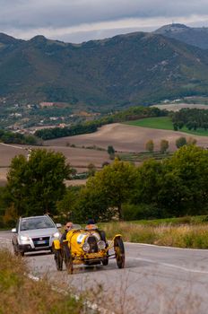 CAGLI , ITALY - OTT 24 - 2020 : BUGATTI T 35 A 1925 on an old racing car in rally Mille Miglia 2020 the famous italian historical race (1927-1957)