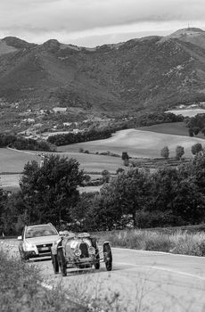 CAGLI , ITALY - OTT 24 - 2020 : BUGATTI T 35 A 1925 on an old racing car in rally Mille Miglia 2020 the famous italian historical race (1927-1957)