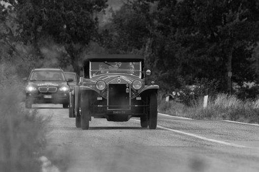 CAGLI , ITALY - OTT 24 - 2020 : LANCIA LAMBDA SPIDER CASARO 1927 on an old racing car in rally Mille Miglia 2020 the famous italian historical race (1927-1957)