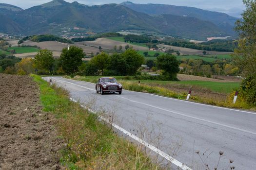 CAGLI , ITALY - OTT 24 - 2020 : CISITALIA 202 SC BERLINETTA PININ FARINA 1948 on an old racing car in rally Mille Miglia 2020 the famous italian historical race (1927-1957)