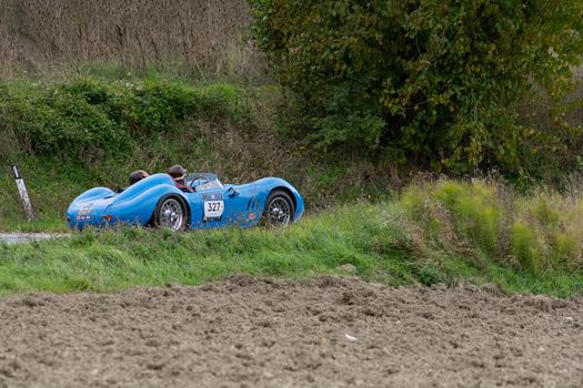 CAGLI , ITALY - OTT 24 - 2020 : MASERATI 200 S1955 on an old racing car in rally Mille Miglia 2020 the famous italian historical race (1927-1957)