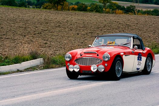 CAGLI , ITALY - OTT 24 - 2020: AUSTIN HEALEY 100/6 1957 an old racing car in rally Mille Miglia 2020 the famous italian historical race