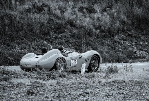 CAGLI , ITALY - OTT 24 - 2020 : MASERATI 200 S1955 on an old racing car in rally Mille Miglia 2020 the famous italian historical race (1927-1957)