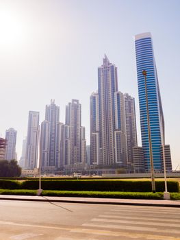 Streets with modern skyscrapers of the city of Dubai