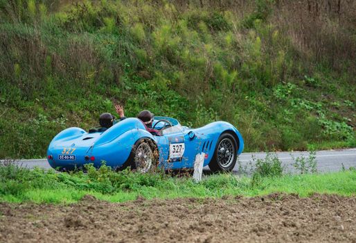 CAGLI , ITALY - OTT 24 - 2020 : MASERATI 200 S1955 on an old racing car in rally Mille Miglia 2020 the famous italian historical race (1927-1957)